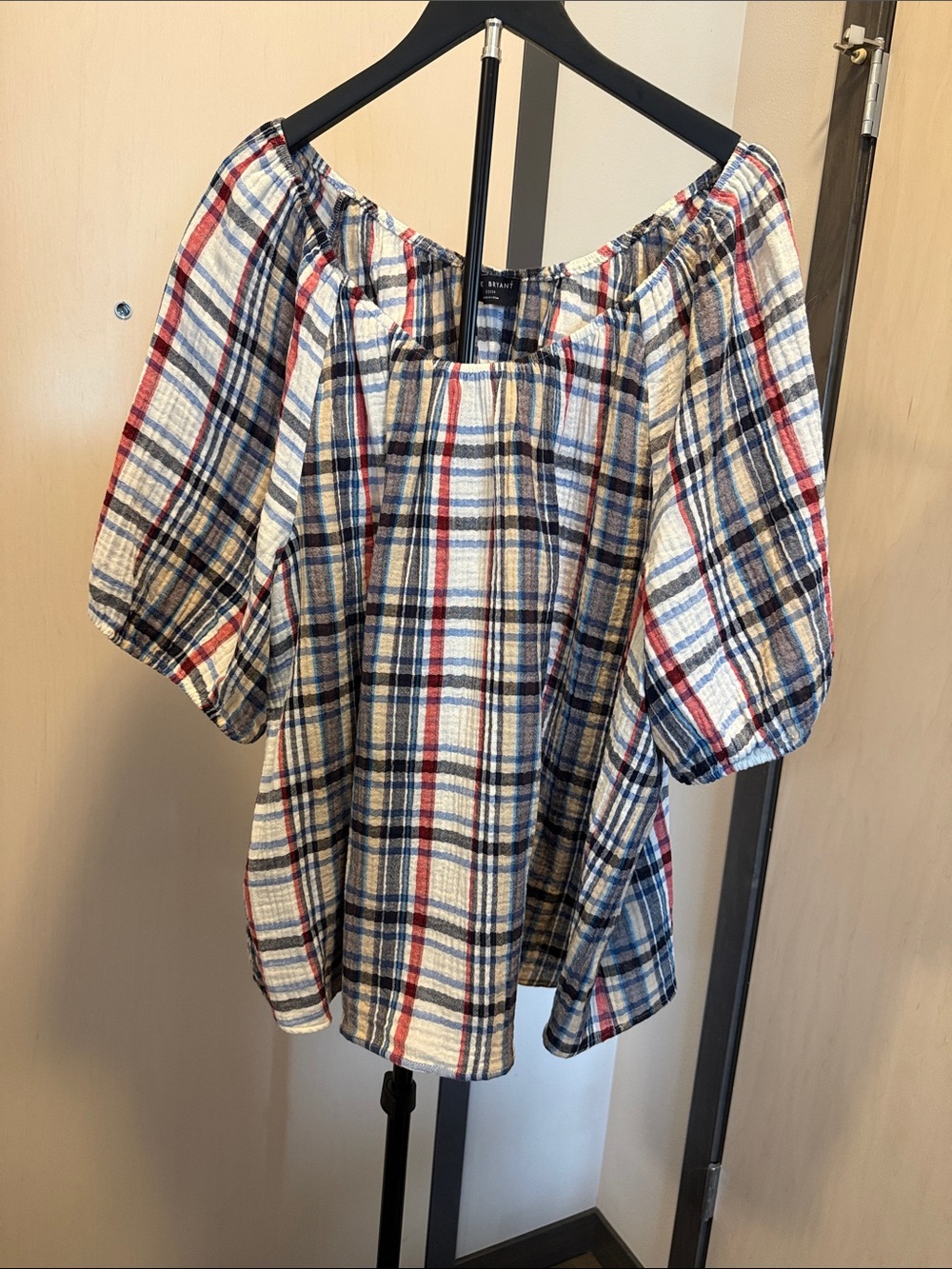 Lane Bryant Plaid Gauze Top in Navy, Red, Tan & White